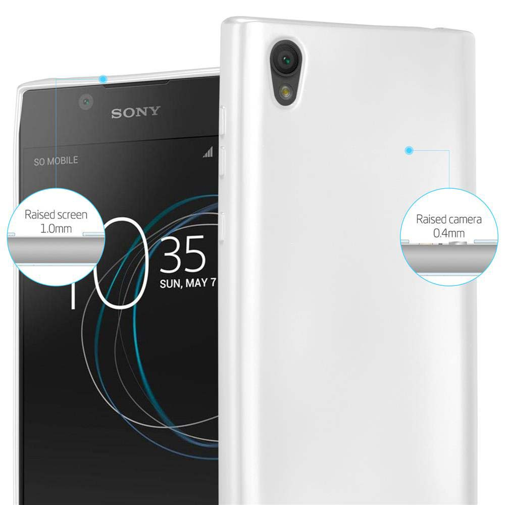 Una custodia bianca copre uno smartphone Sony. Le fotocamere sono rialzate.
