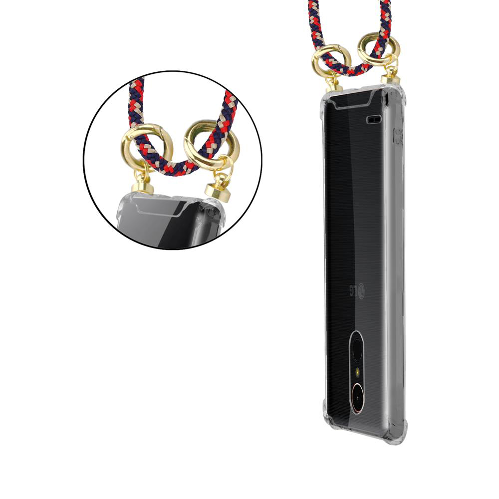 Ein durchsichtiger Handykoffer mit einem geflochtenen Lanyard in Rot, Blau und Gold.