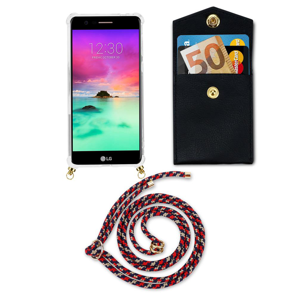 Ein LG Smartphone in Hülle mit Kordel, daneben eine schwarze Kartenhaltertasche mit Geld und Karten.