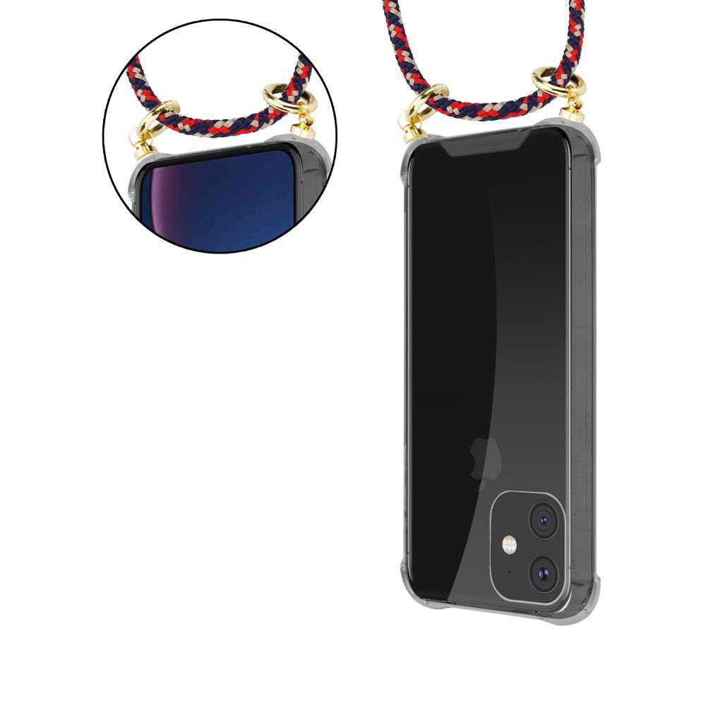 Una custodia trasparente per telefono con un cordino rosso, blu e bianco.