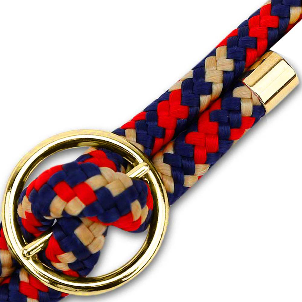 Corda intrecciata rossa, blu e beige con anello e chiusura dorati.