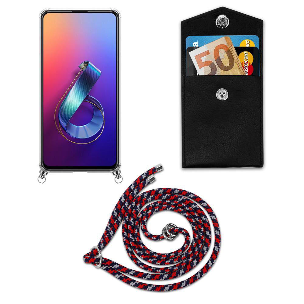 Smartphone mit Hülle, Lederetui mit Geld und Karte, Lanyard.