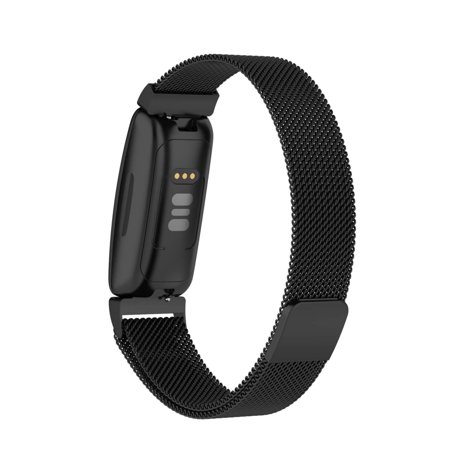 Tracker de fitness noir avec bracelet en maille magnétique.