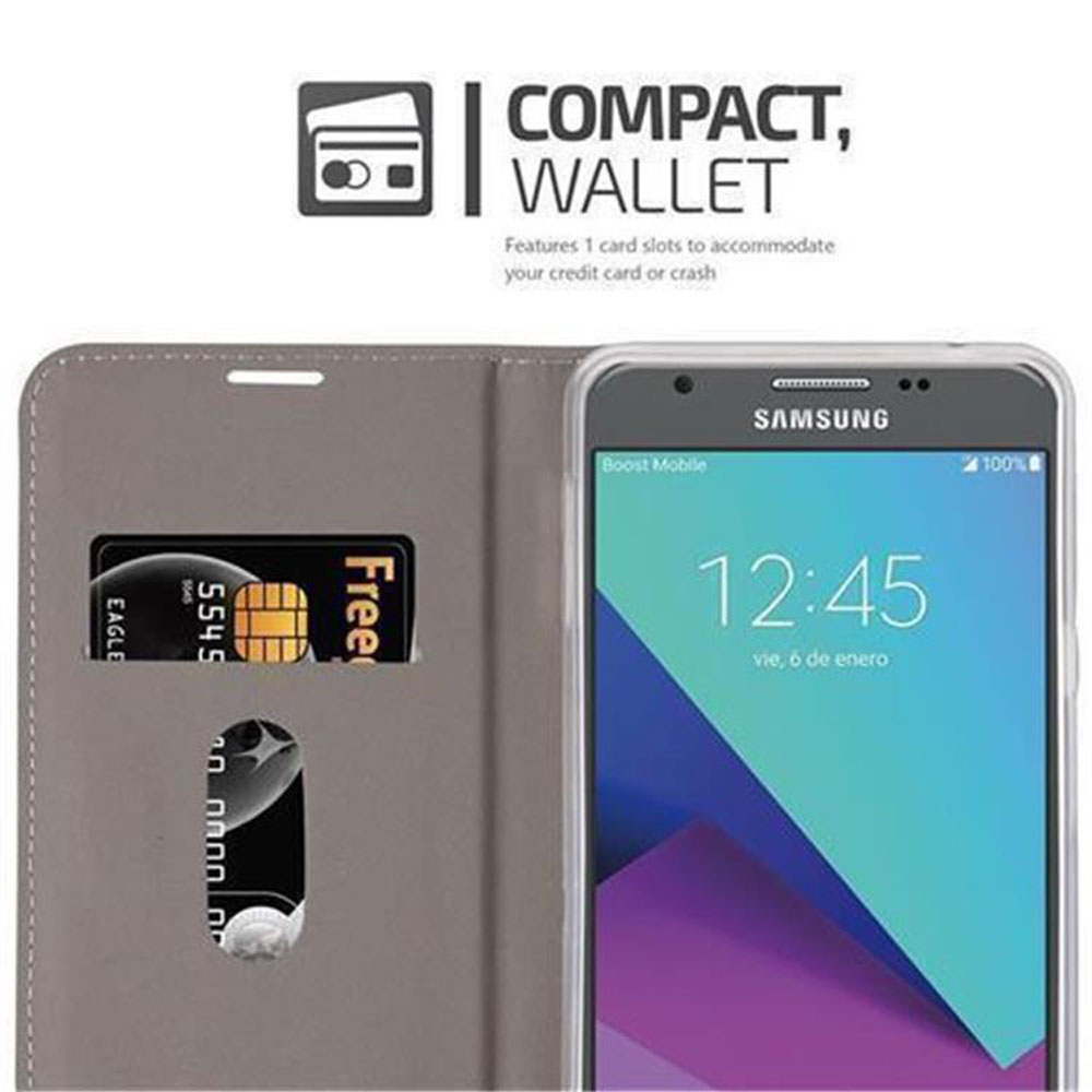 Custodia a portafoglio grigia con telefono Samsung. Due carte visibili.