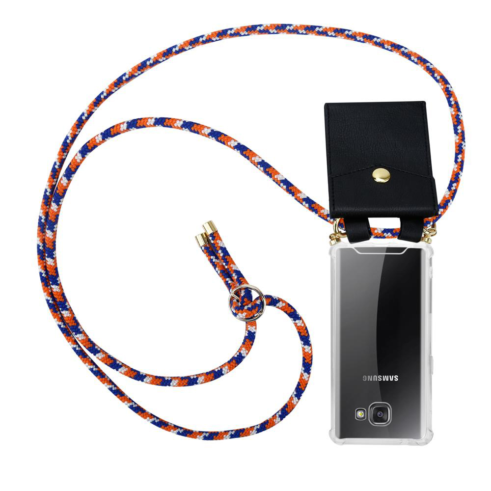 Funda de teléfono con cordón azul, naranja, blanco y billetera negra.