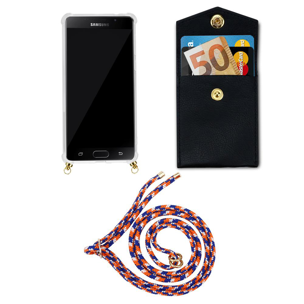 Teléfono Samsung con cartera negra, billete de 50€ y tarjetas, cordón.