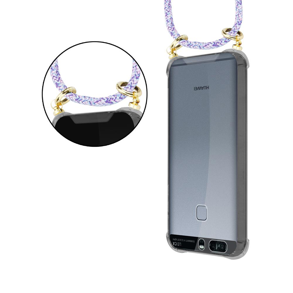Ein Huawei-Smartphone mit silbernem Gehäuse und einer Lanyard-Schlaufe.