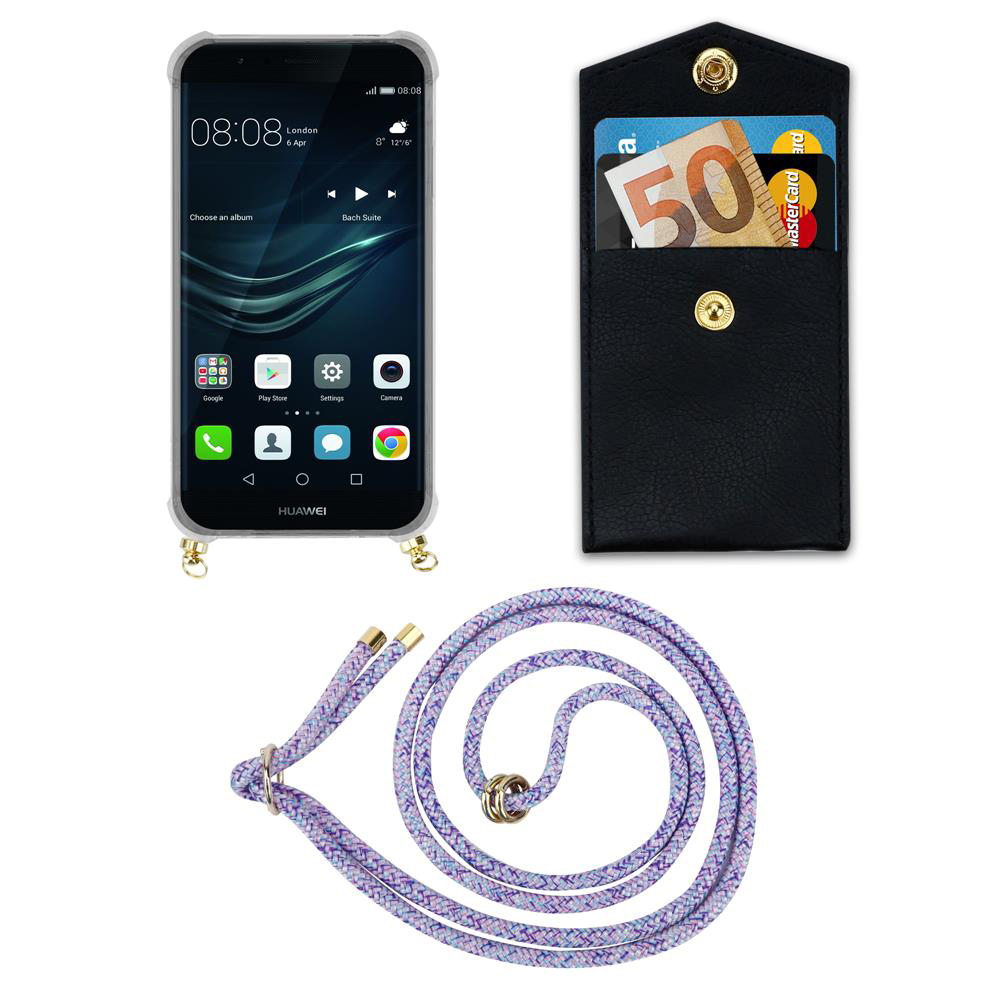 Ein Huawei-Smartphone mit einer schwarzen Brieftasche, Geld und Karten, und eine lila Schnur.