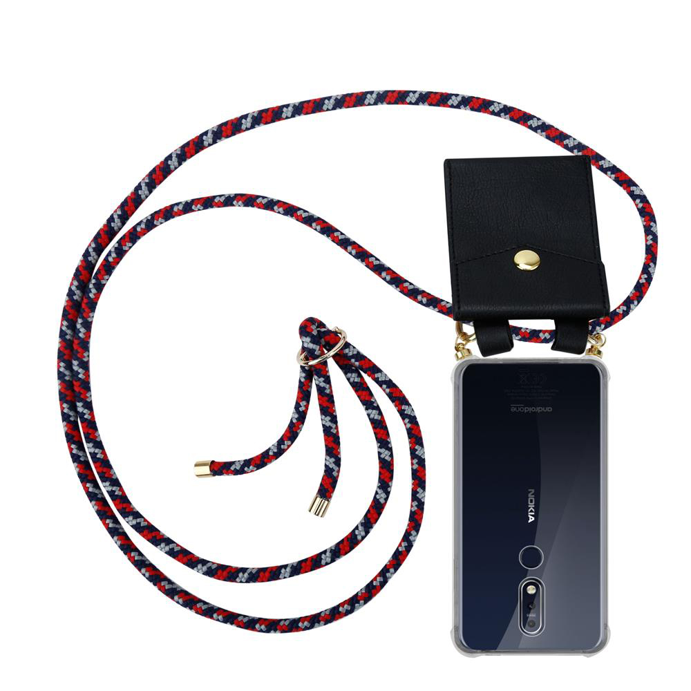 Ein klarer Handyhülle mit rotem, blauem und grauem Band und schwarzer Tasche.