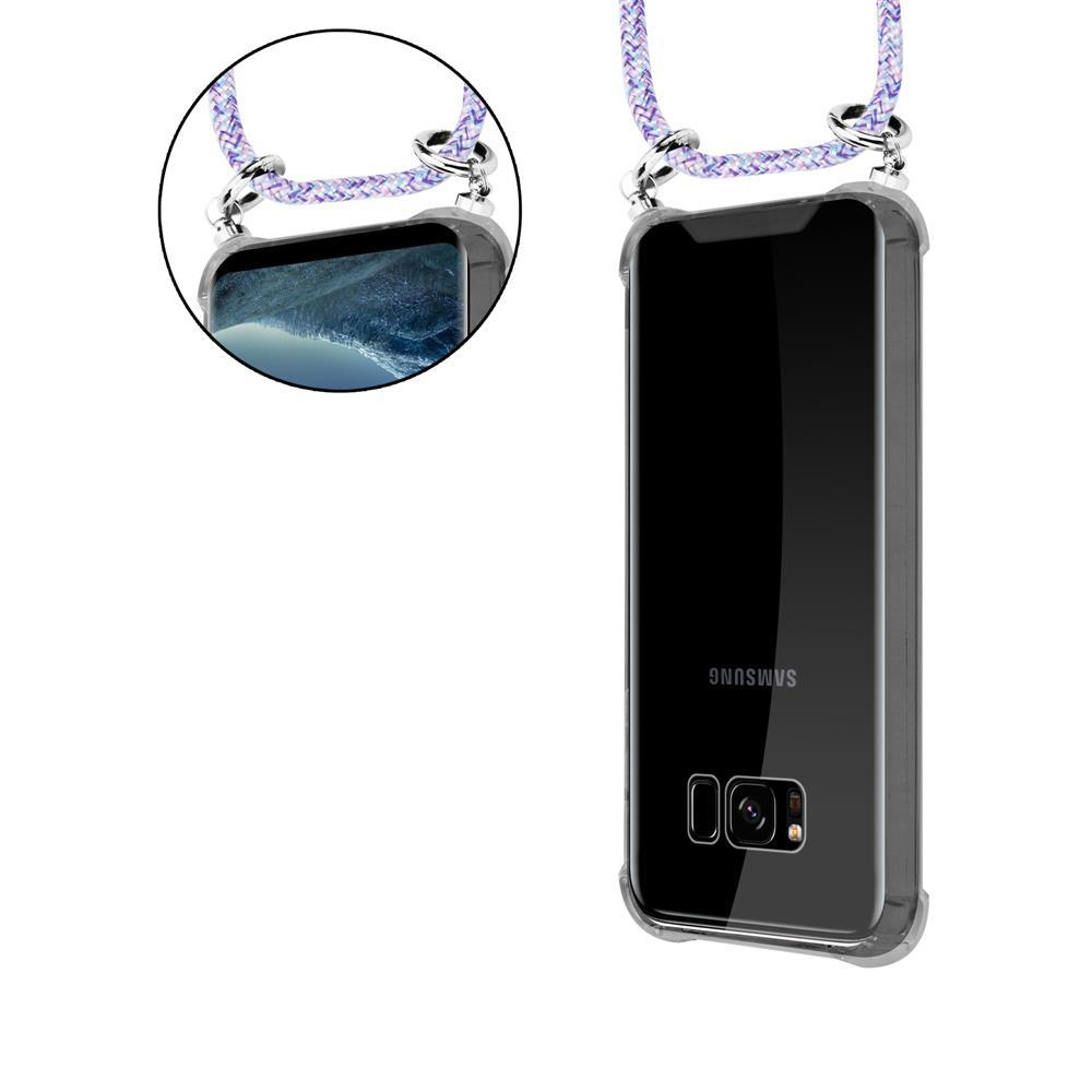 Ein Smartphone mit transparenter Hülle und Lanyard, auf weißem Hintergrund.