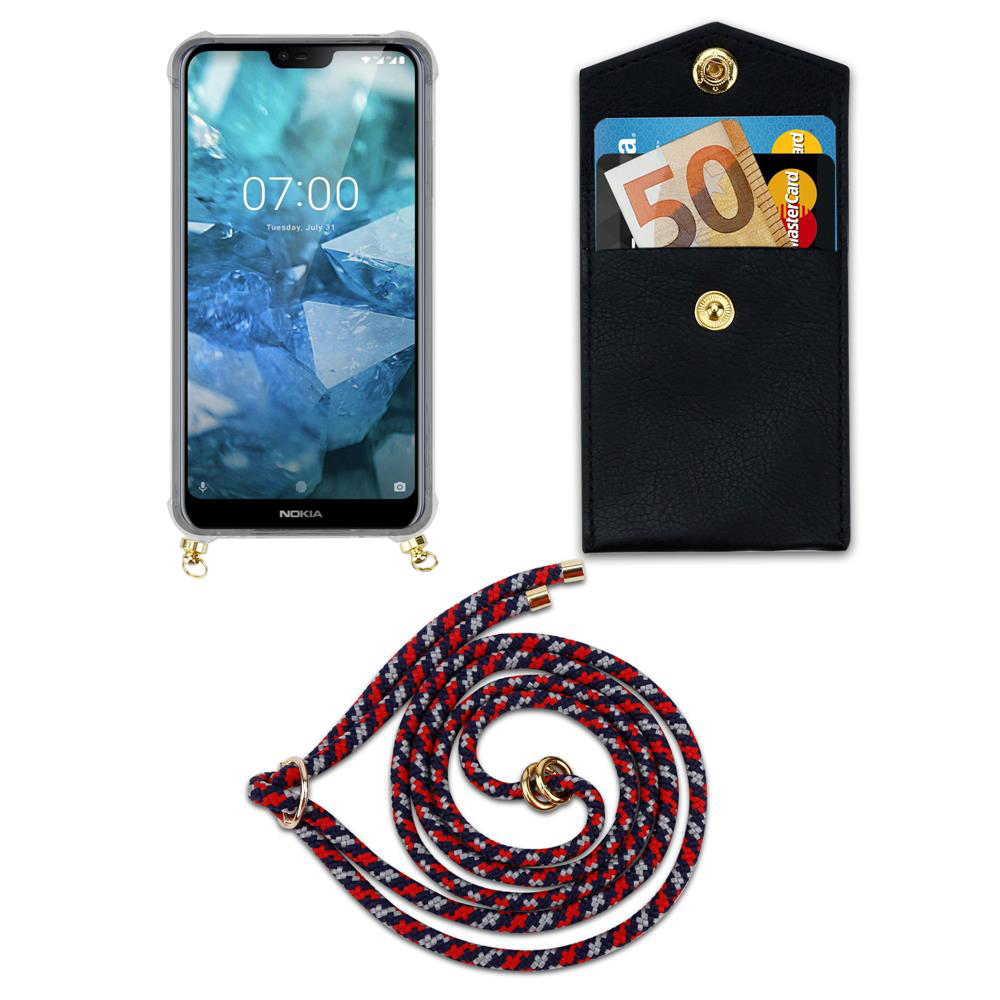 Ein Smartphone mit Hülle, eine schwarze Brieftasche mit Karten und Geldscheinen und eine Kordel.