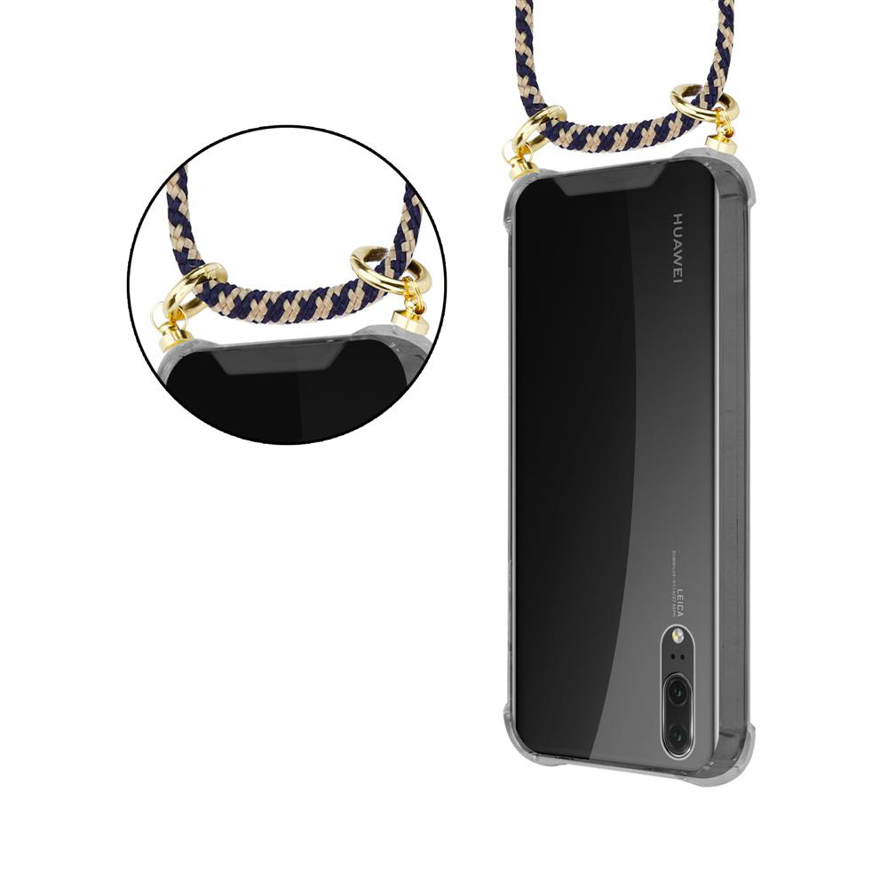 Uno smartphone nero in una custodia trasparente con un cordino intrecciato.