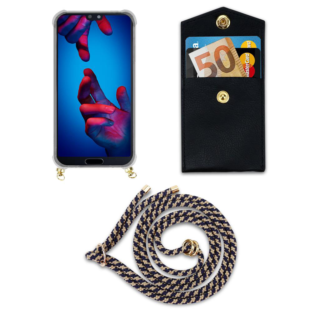 Uno smartphone in cover, una tasca nera con banconota da 50€ e carte, e un cordino.