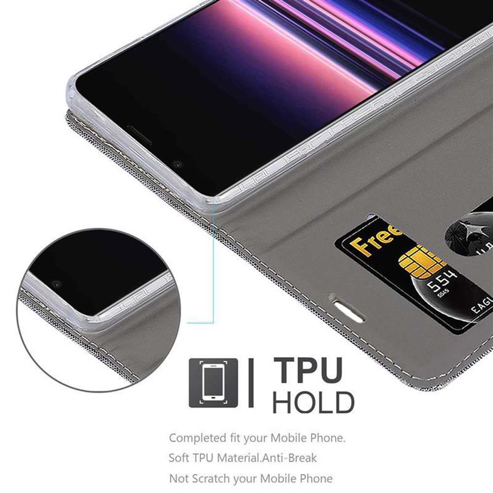 Custodia grigia per telefono con slot per carte e smartphone.