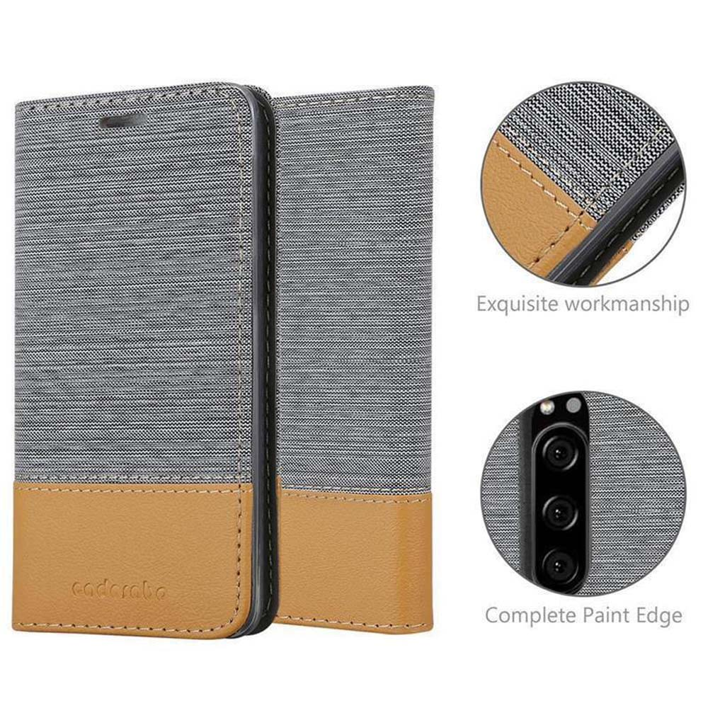 Custodia grigia per telefono con accenti in pelle cuoio.