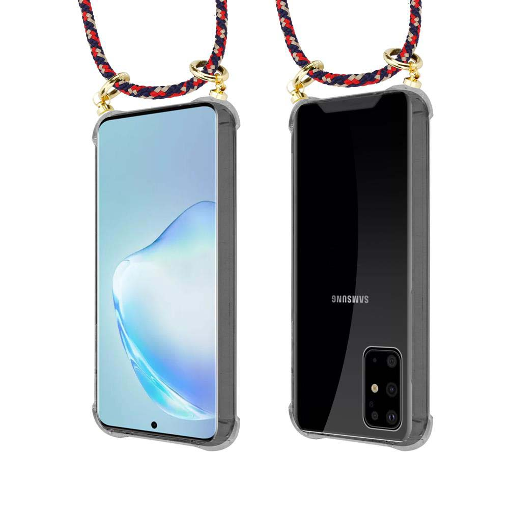 Uno smartphone in custodia trasparente con laccetto intrecciato.