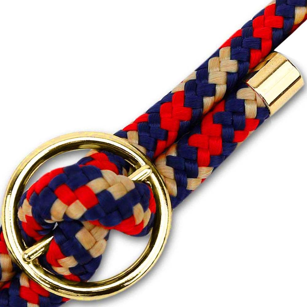 Corda intrecciata rossa, blu e beige con fibbia e anello dorati.