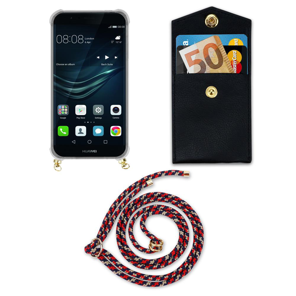 Ein Smartphone mit Hülle, eine schwarze Tasche mit Geld und Karten und ein Lanyard.