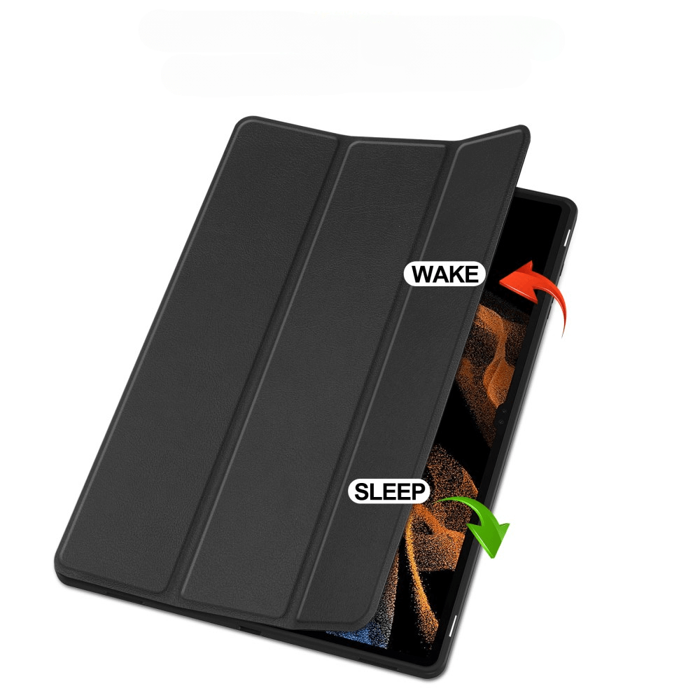 Schwarzes Tablet mit offenem Klappcover, Pfeile zeigen auf Wake und Sleep.