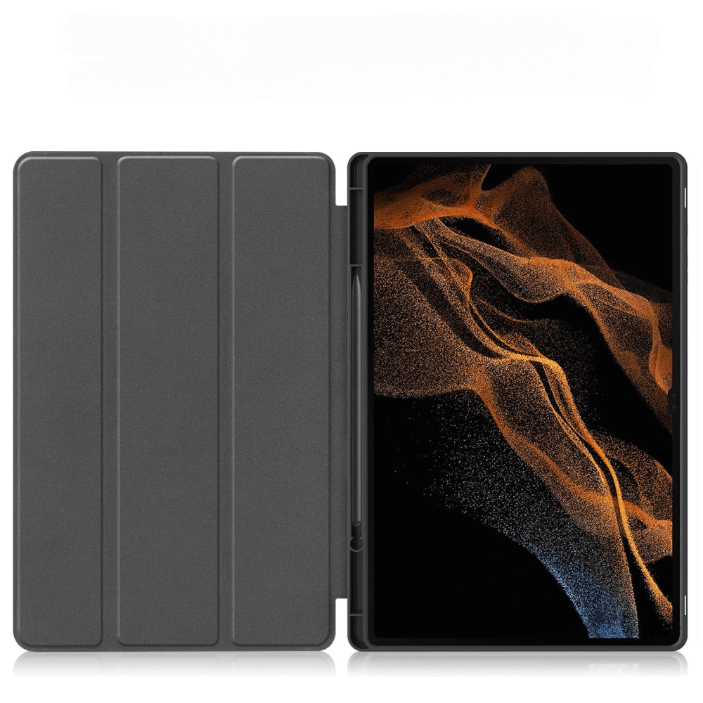 Ein graues Tablet mit geöffneter Hülle und einem Stift daneben. Der Bildschirm zeigt ein oranges Muster.