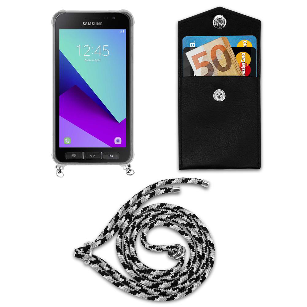 Telefono Samsung, porta carte nero con banconota da 50 euro e cordino.