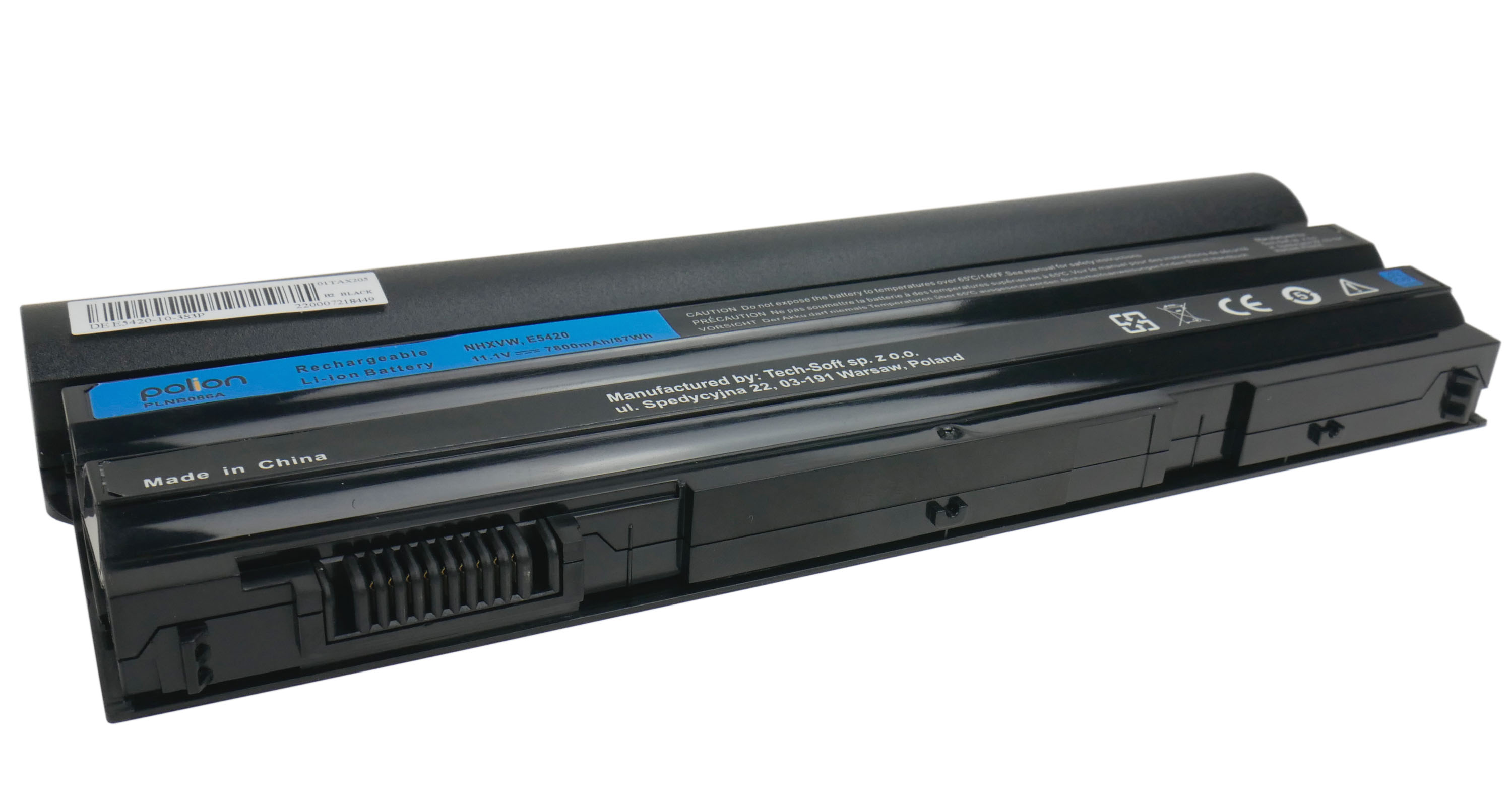 Dwie czarne baterie do laptopa, jedna z niebieskimi etykietami, na białym tle.