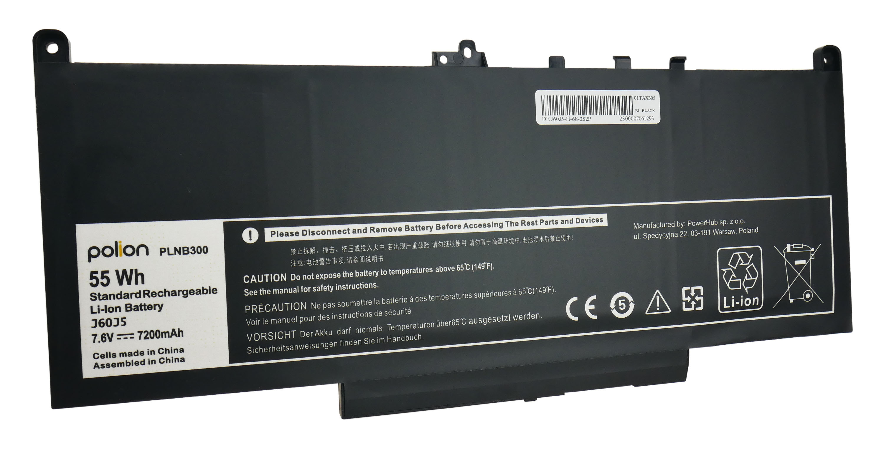 Czarna bateria do laptopa, 55 Wh, 7,6V, 7200mAh, marki polion, model PLNB300.