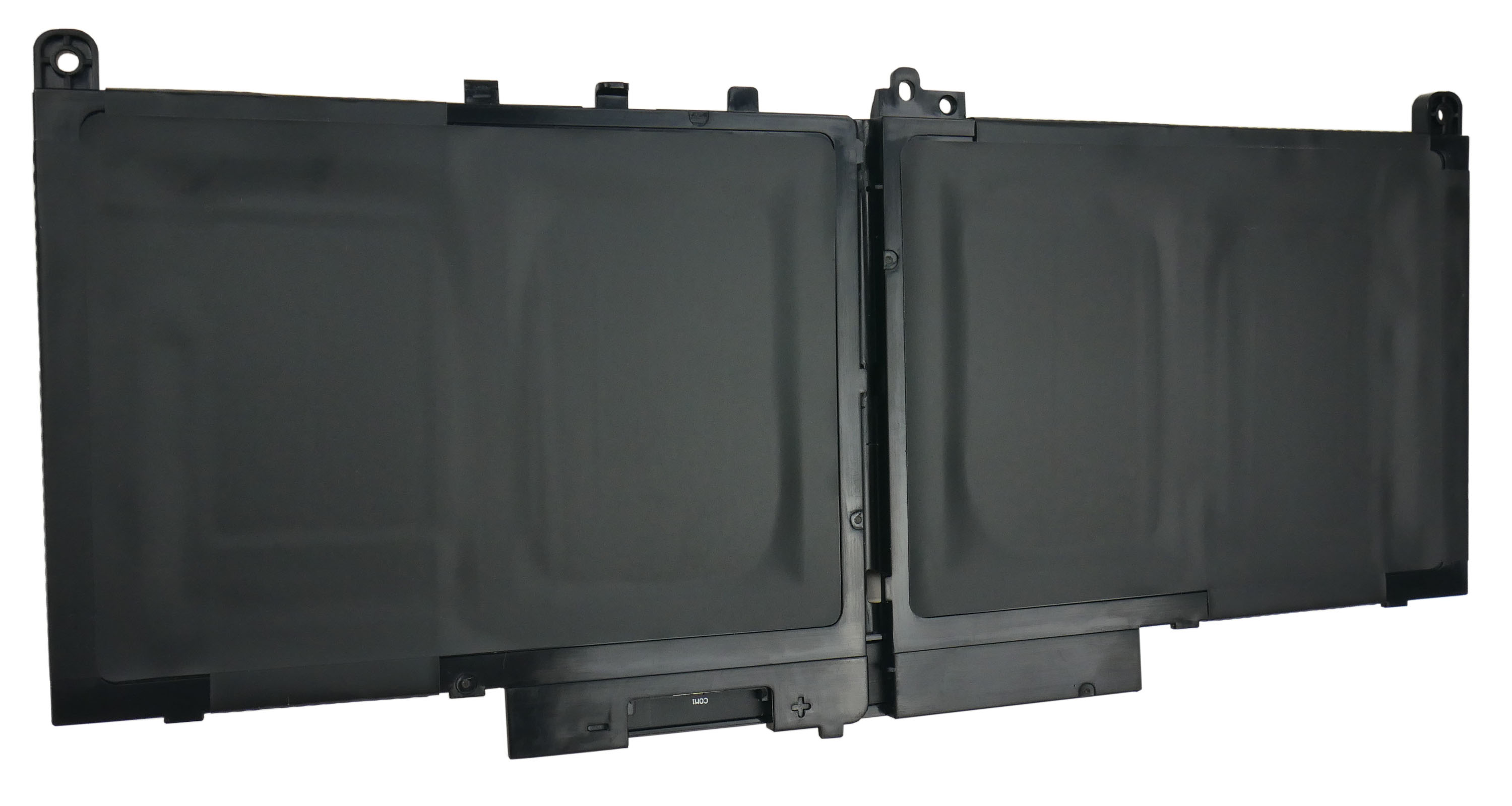 Czarna bateria do laptopa z dwiema głównymi sekcjami i otworami montażowymi.