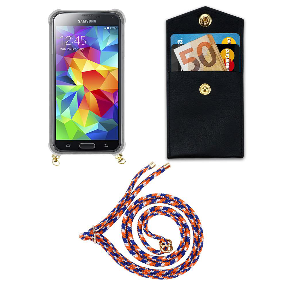 Uno smartphone con sfondo colorato, un portafoglio nero con carte e denaro e un cordino.