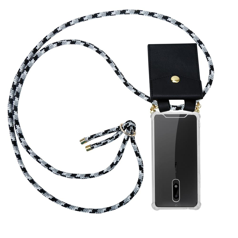 Schwarzes Handy mit Umhängeband und kleiner schwarzer Tasche.