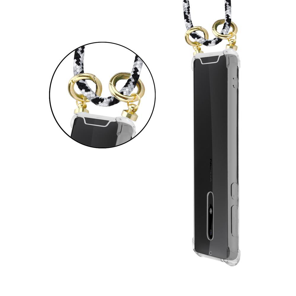Transparentes Handyhülle mit schwarz-weißer Kordel und goldenen Ringen.