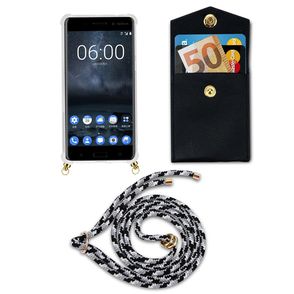 Nokia-Handy mit schwarzer Tasche, Bargeld und Karten, sowie Lanyard.