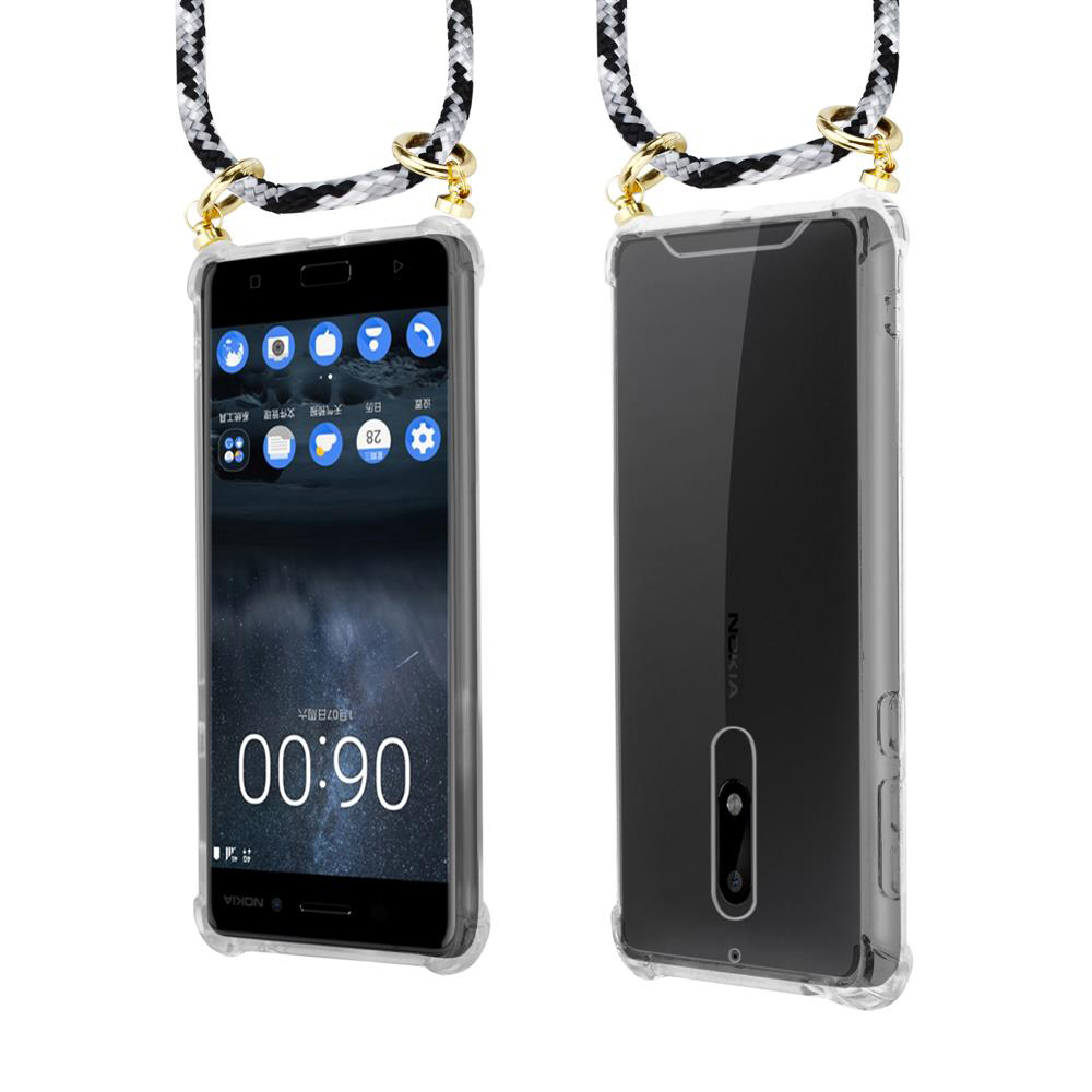 Ein Nokia Smartphone mit transparentem Gehäuse und Trageband, Vorder- und Rückansicht.