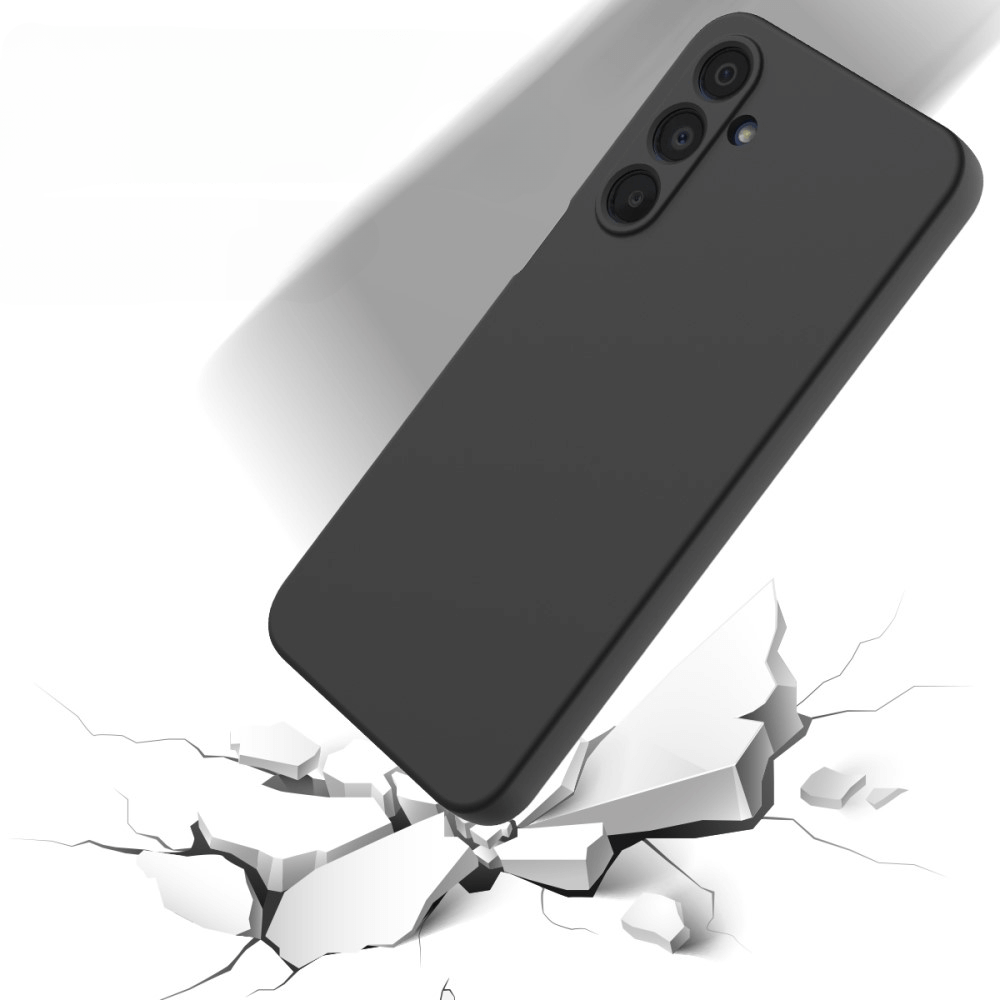 Uno smartphone nero cade su un terreno bianco, rompendolo.