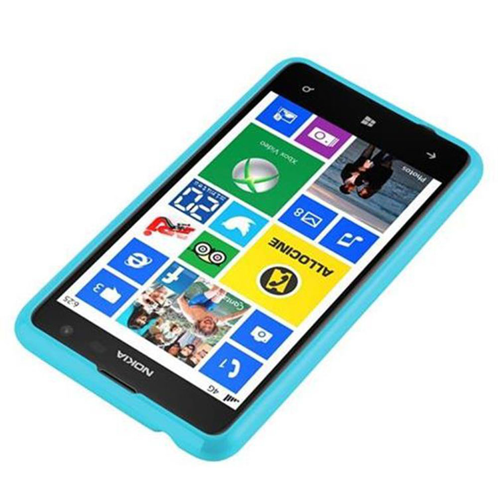 Un smartphone Nokia bleu clair affiche un écran d'accueil coloré basé sur des tuiles.