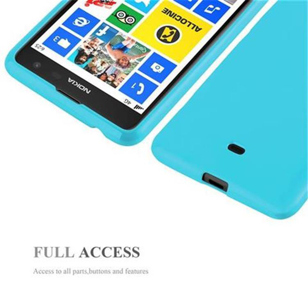 Un smartphone Nokia bleu clair avec des applications à l'écran et un autre étui.