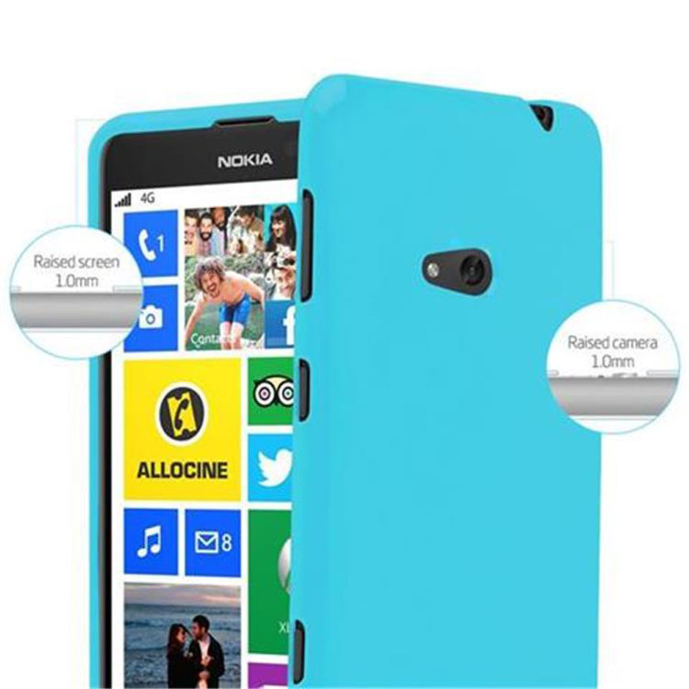 Un smartphone Nokia cyan avec le cache de l'appareil photo ouvert. L'écran est visible.