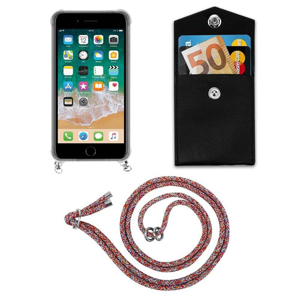 Ein Smartphone, eine schwarze Kartenhaltertasche mit 50-Euro-Schein und eine bunte Kordel.
