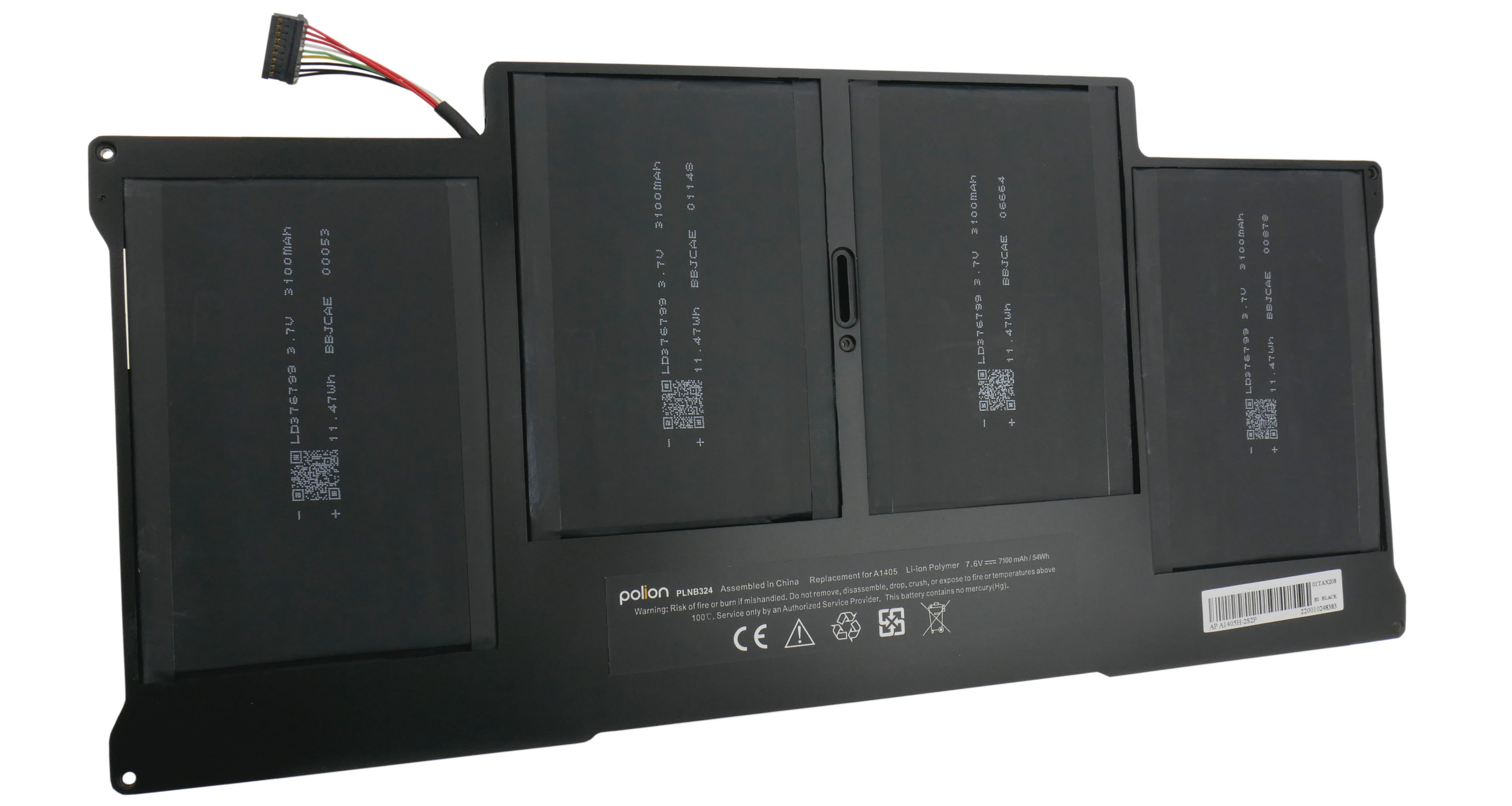 Czarna bateria do laptopa z kablami i naklejkami, leżąca na białym tle.