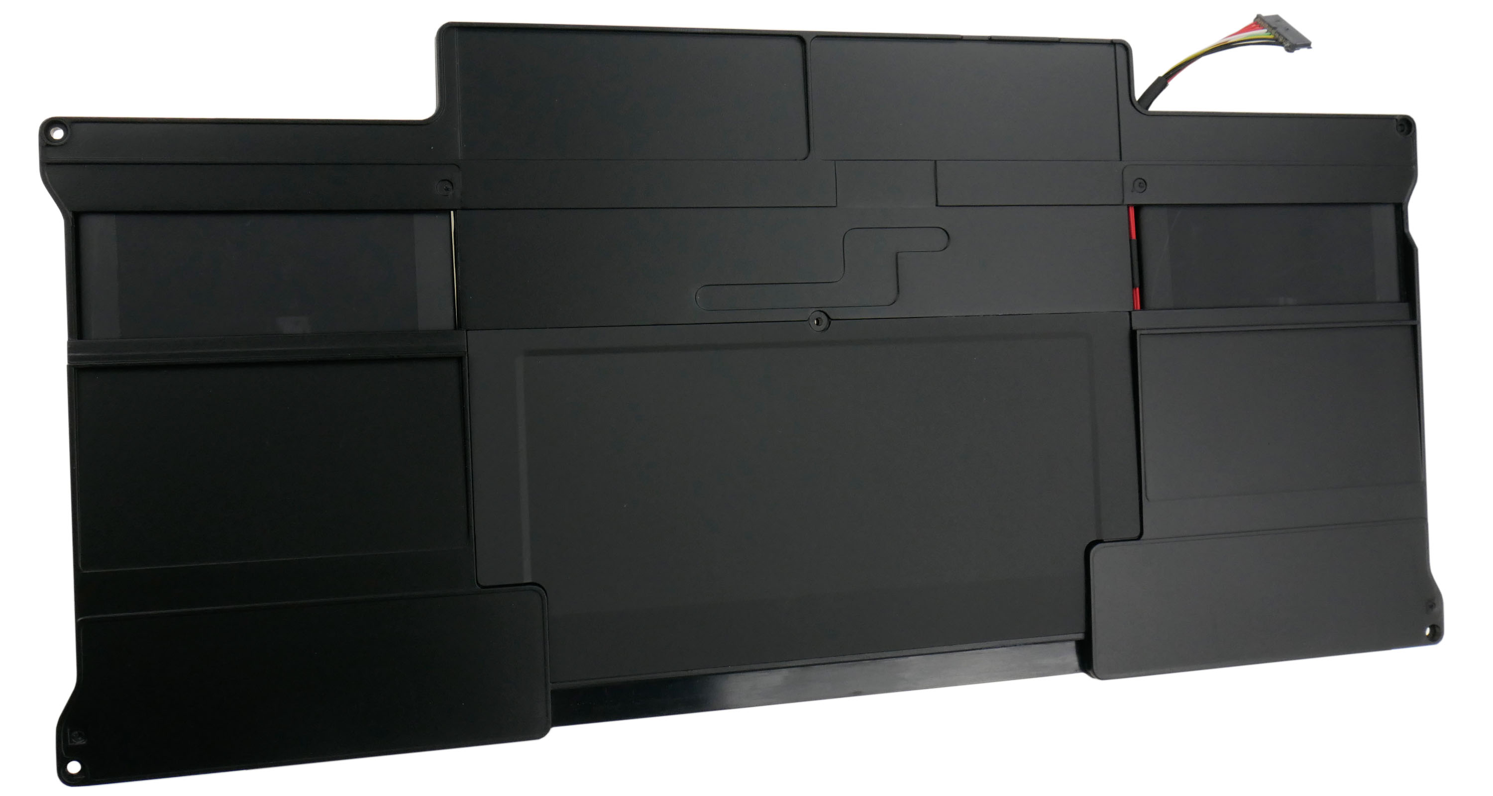 Czarna bateria do laptopa ze złączem, prostokątna i płaska.