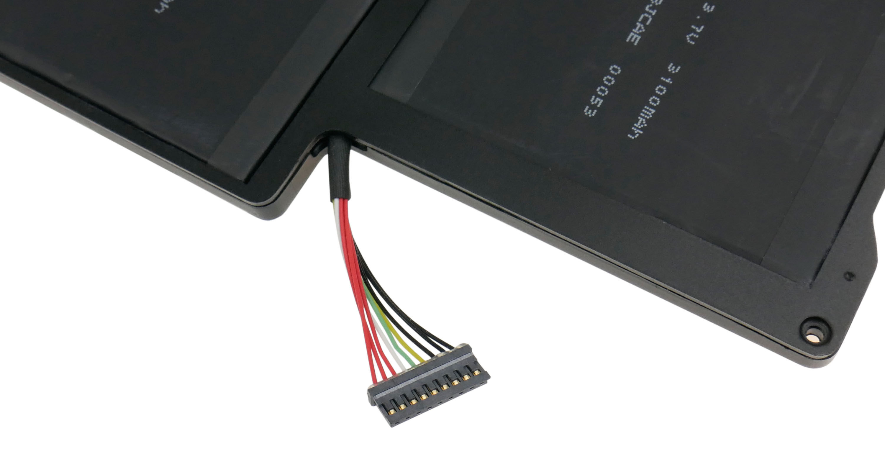 Czarna bateria laptopa z kablem połączeniowym w kolorowych przewodach.