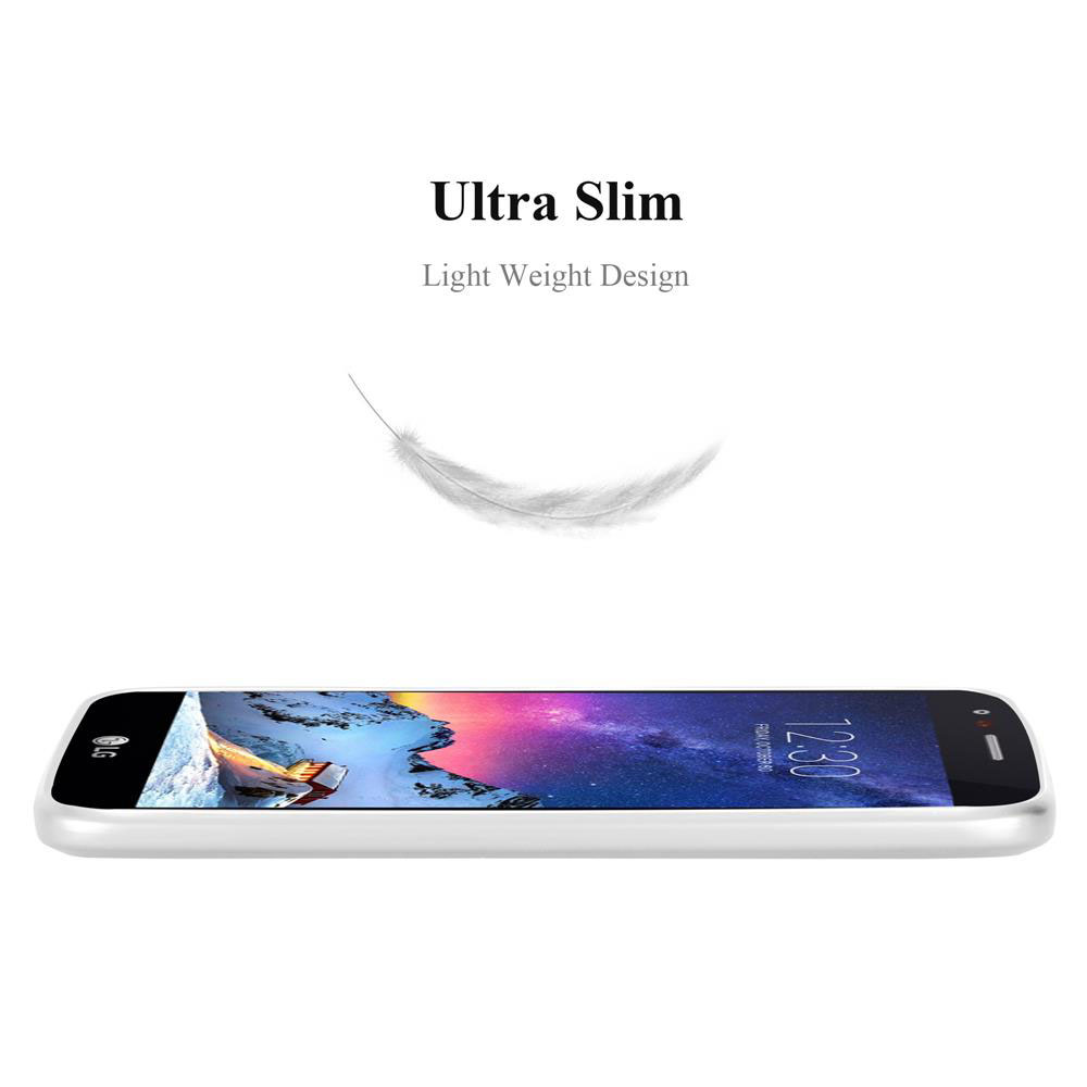 Uno smartphone bianco e sottile con uno sfondo di vetta montuosa.