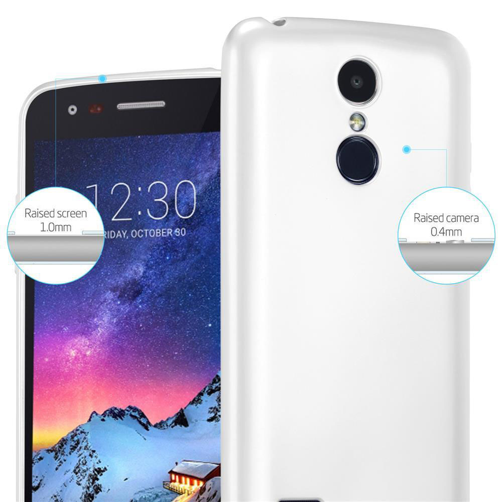 Custodia bianca per smartphone con sfondo paesaggio montano.