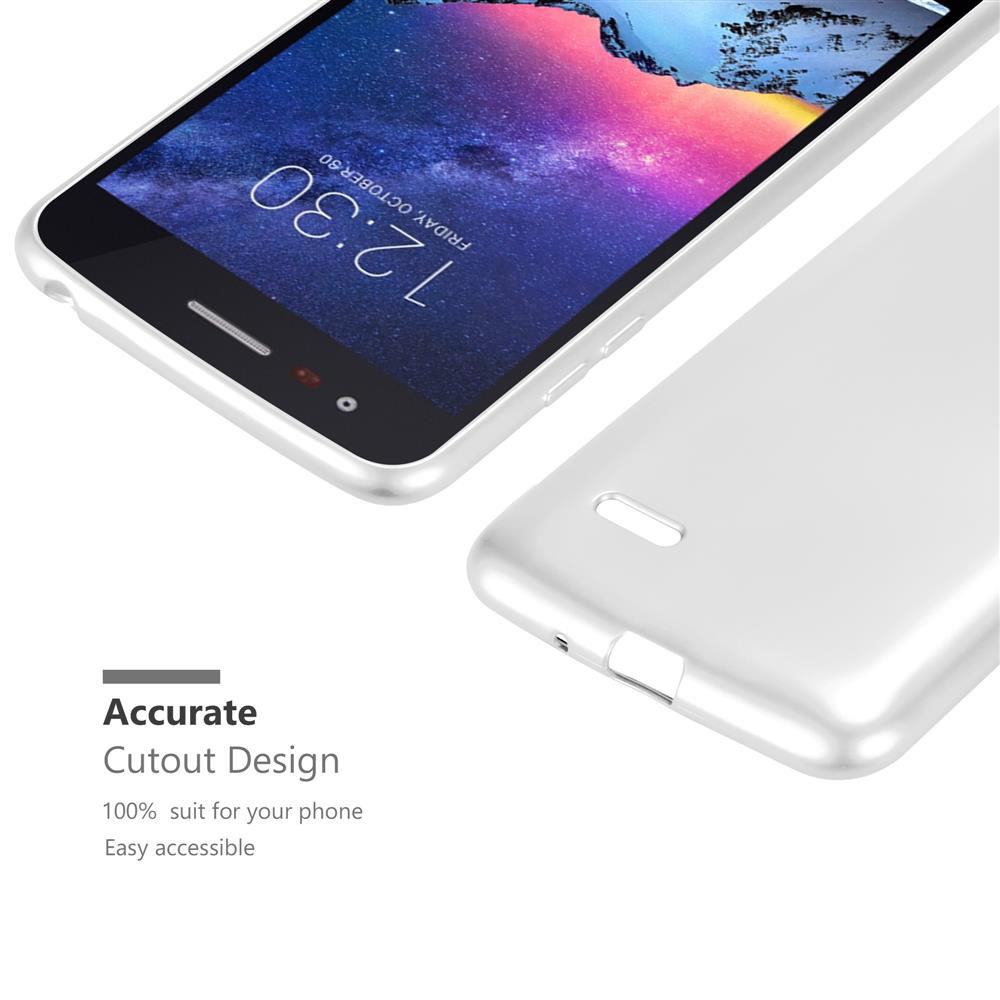 Uno smartphone bianco mostra un cielo stellato e una custodia accanto.