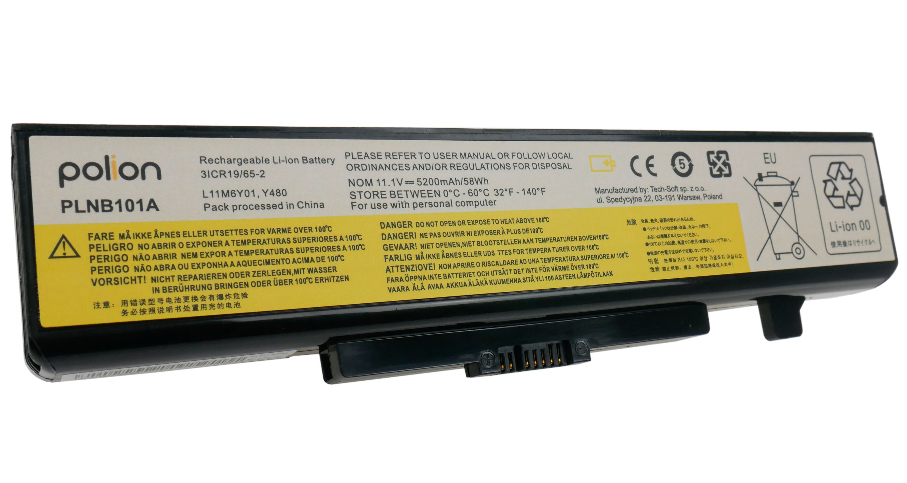 Czarna bateria do laptopa z żółtą etykietą ostrzegawczą i tekstem w wielu językach.