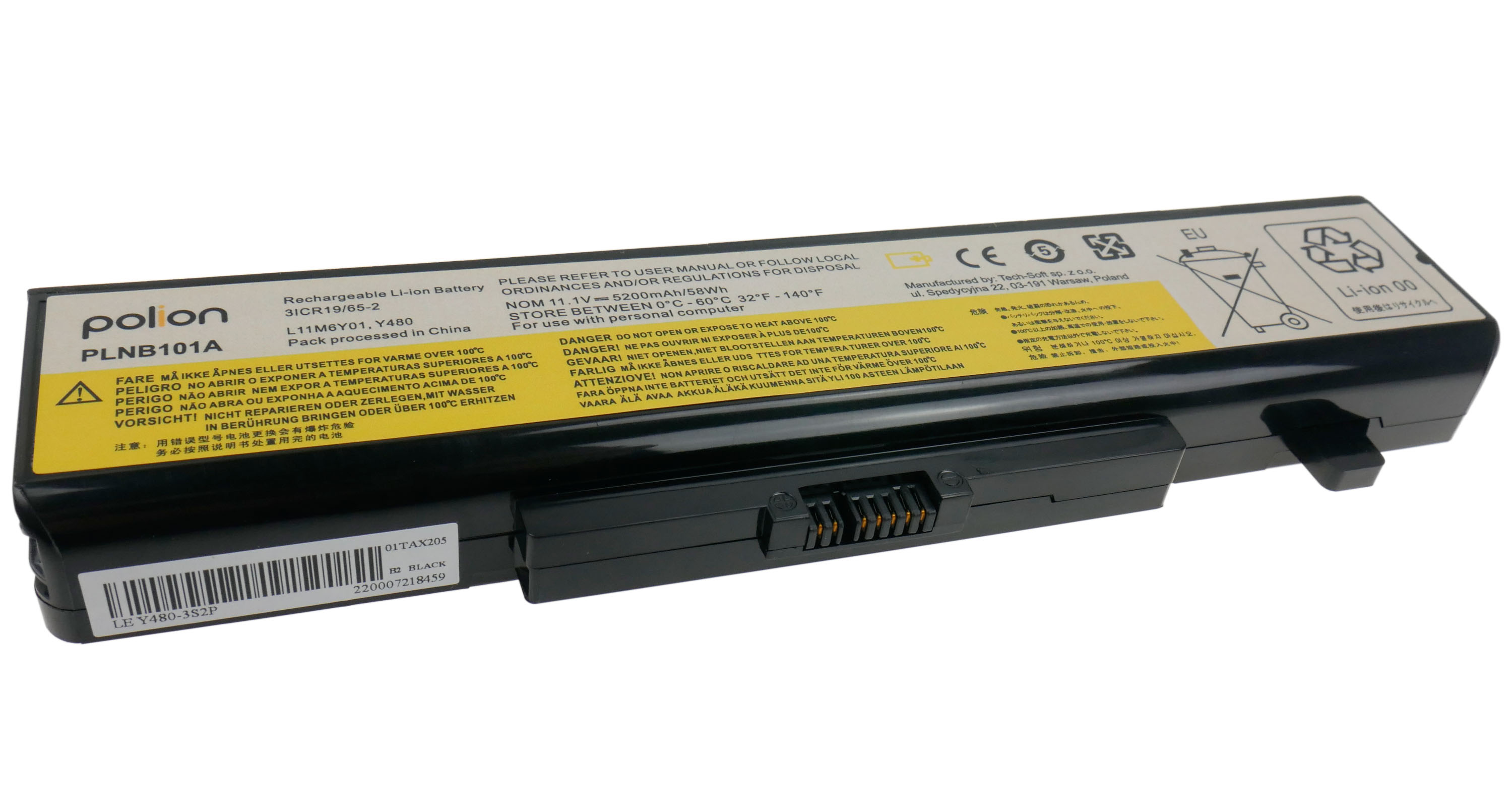 Czarna bateria do laptopa z żółtą etykietą ostrzegawczą i informacjami.