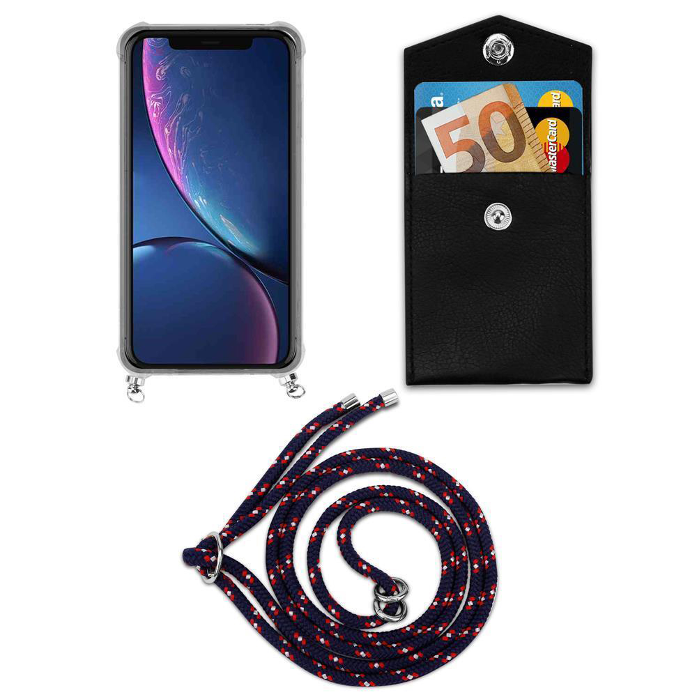 Custodia iPhone con cordino, tasca nera con banconota da 50€ e carta, e corda.