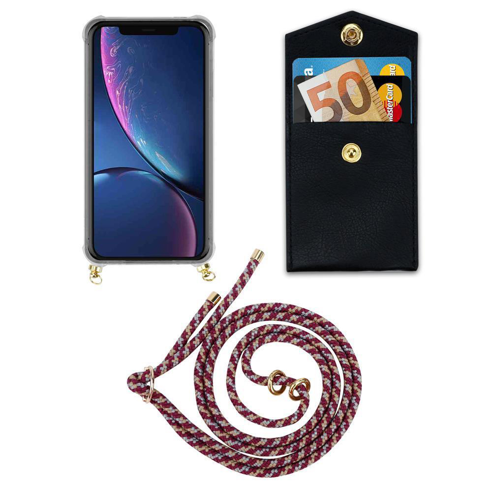 Smartphone in custodia, portafoglio con soldi e carta, e cordino.