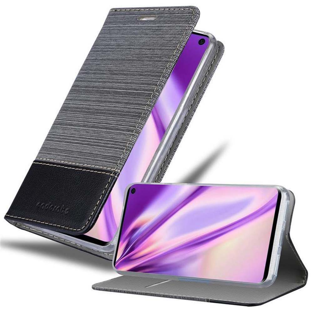 Graue Stoff- und schwarze Ledertasche für ein Smartphone mit lila Display.