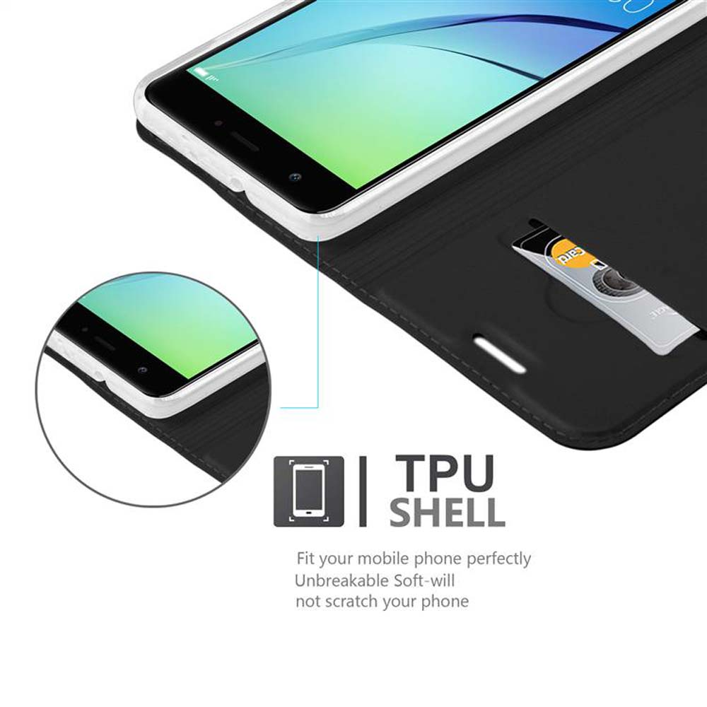 Uno smartphone in una custodia nera con slot per carte.